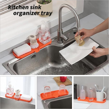 MicoYang Silicone Bathroom Soap Dishes with Drain Spout-Bathroom and Kitchen Sink Organizer,Sponge Holder,Dish Soap Tray,Perfect for Dispenser,Scrubber,Bottle,Cup on Sink or Counter-Orange 12"×4"