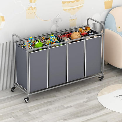 Laundry Basket, 4-Bag Laundry Hamper, Grey Laundry Sorter with Heavy Duty Lockable Rolling Wheels, Laundry Room Organization with Removable Bags Basket Separator for Dirty Clothes Storage