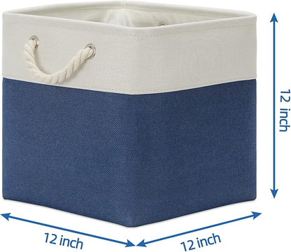 Temary Fabric Storage Cubes for Organizing 4Pack Blue Fabric Storage Basket 12 Inch Cube Storage Bins with Handles for Organizing Toys, Shelf Baskets for Home Office Closet (White&Blue)