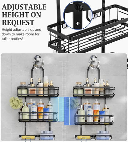 OMAIRA Shower Caddy Hanging Over the Shower Head - Rustproof Shower Organizer Hanging with Soap Scrub Holder, Non-Slip Stainless Steel Bathroom Storage Rack & Shelves, No Drilling, Black