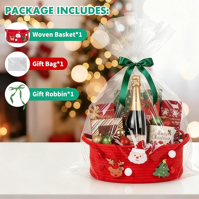 ShellKingdom Storage Basket with Handles, Empty Gift Basket with Gift Bags and Ribbon for Christmas, Small Woven Baskets for Home, Nursery Storage Organizer, 12 X 8 X 5 INCH, Christmas Red