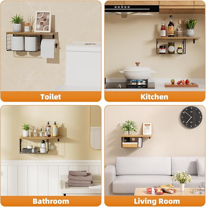 VITVITI Toilet Paper Holder with Shelf, Wall Mounted Toilet Paper Storage Basket, Wood Metal Toilet Roll and Wipes Holder for Bathroom Farmhouse (Brown)