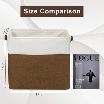 Bagnizer Large Fabric Storage Baskets | 50L Storage Bins, Decorative Linen Closet Baskets with Handles for Organizing, Shelf, Toys, Clothes, Home, Office, Nursery, 17x12x15Inches (Brown&White)