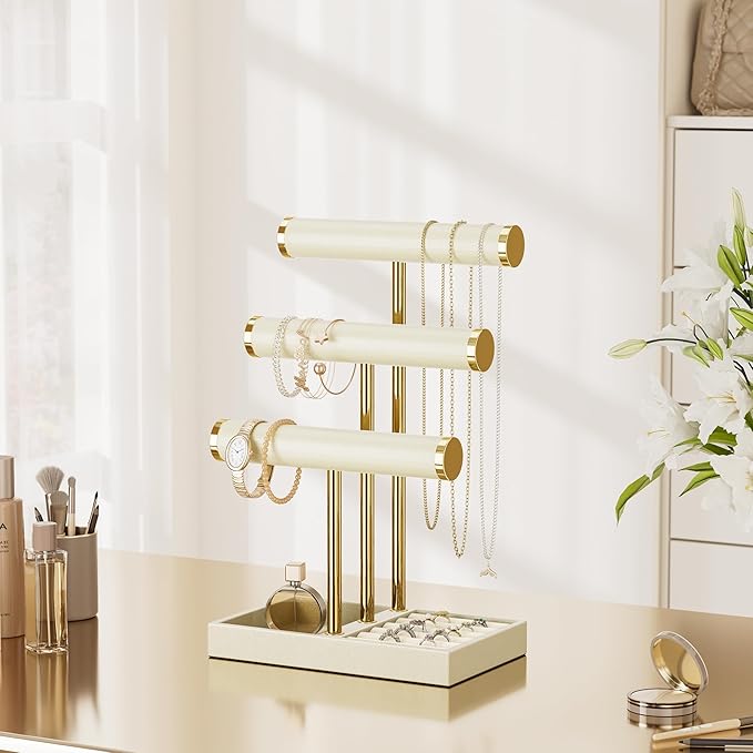 bussdis 3 Tier Bracelet Holder Display - Beige Leather Bracelet Holder, Detachable T Bar Jewelry Holder Organizer for Bracelet, Necklace, Earrings, Rings, Watches, Bangle