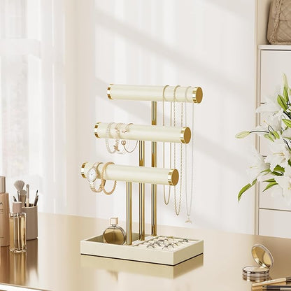 bussdis 3 Tier Bracelet Holder Display - Beige Leather Bracelet Holder, Detachable T Bar Jewelry Holder Organizer for Bracelet, Necklace, Earrings, Rings, Watches, Bangle