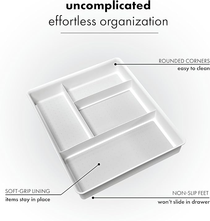 madesmart 4 Compartment Drawer Organizer, Multi Purpose Storage for Utensils, Office Tools, Cords, & Small Household Items, Tech Accessories, Arts & Crafts Supplies, Non Slip Lining, White