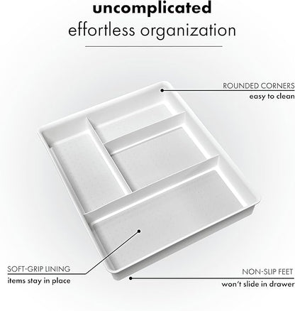 madesmart 4 Compartment Drawer Organizer, Multi Purpose Storage for Utensils, Office Tools, Cords, & Small Household Items, Tech Accessories, Arts & Crafts Supplies, Non Slip Lining, White