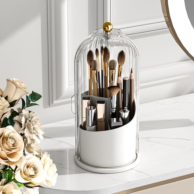 GAXmi Makeup Brush Holder with Lid Cosmetic Tools Organizer 360 Rotating Waterproof Dustproof Beauty Brushes Storage for Vanity, Transparent