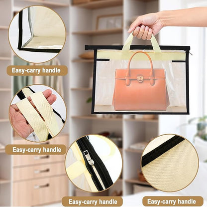 8 Pack Dust Bags for Handbags, Purse Storage Organizer for Closet, Clear Handbag Storage Organizer, Hanging Dust Cover Bag with Zipper and Handle with 8 S-Hooks(4 Assorted Sizes, Beige)
