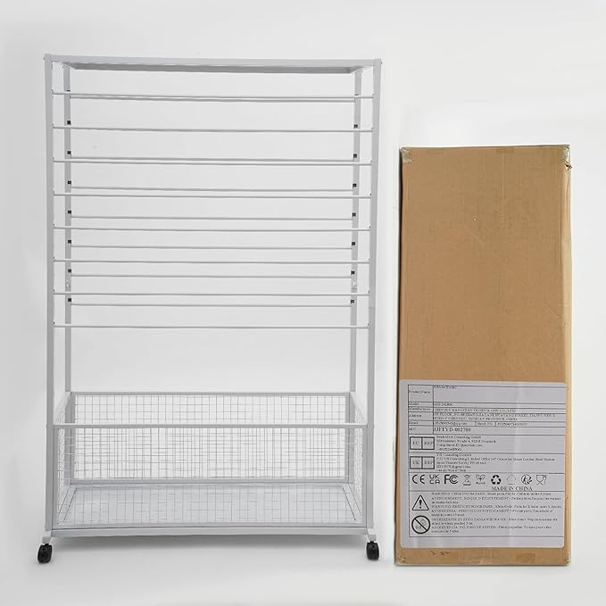 Commercial Ribbon Holder Organizer w/ 16 Rods & Locking Wheels - 59" Mobile Craft Storage for Florists, 4-Tier w/Mesh Basket (White, 39.37 * 12.6 * 59.06in)