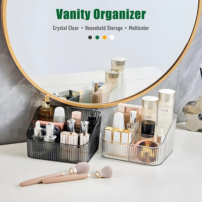 Black Makeup Brush Holder & Organizer for Vanity, Bathroom Countertop - 5 Cup Toiletry Organizer for Skincare, Perfume, Hairbrush, Sunglasses & Desk Accessories