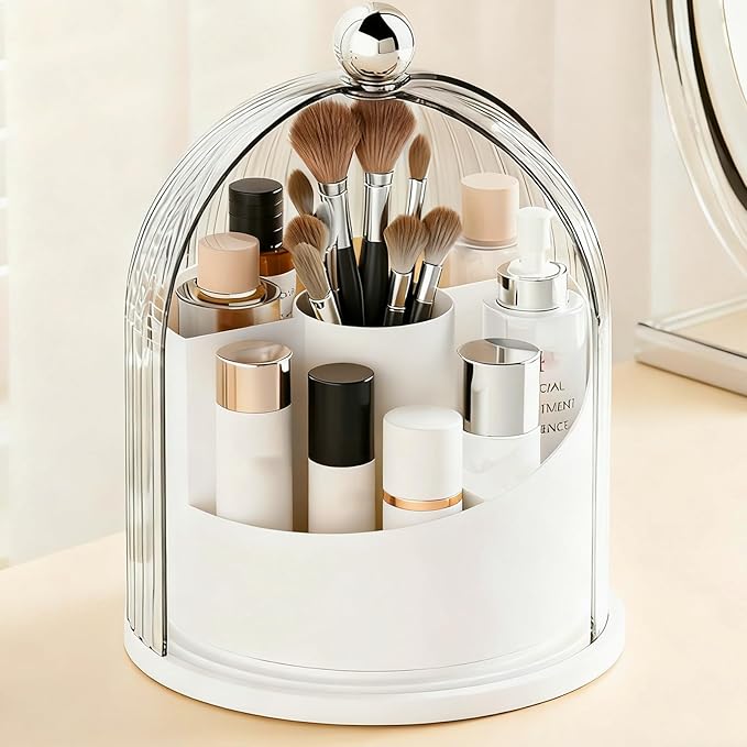 Makeup Brush Holder Organizer with Lid,360° Rotating Makeup Organizer Countertop,5 Compartments Make Up Brush Organizers for Makeup Brushes,Cosmetics,Skincare,Nail Polish,Toothbrush,Dustproof