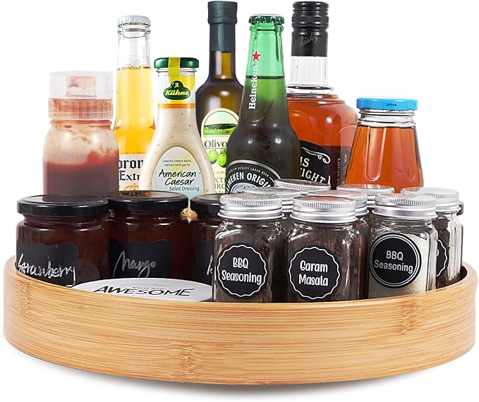 Lazy Susan Organizer 14 inch, Bamboo Lazy Susan for Table, Kitchen Turntable Organizer with Double Handles, Round Wood Rotating Turntable Spice Organizer for Countertop Cabinet or Pantry