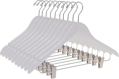 Quality Wooden Skirt Hangers with Clips, 10-Pack Smooth Solid Wood Pants Hangers with Durable Adjustable Metal Clips, Swivel Hook, Coat, Jacket, Blouse Suit Hangers (White, 10)