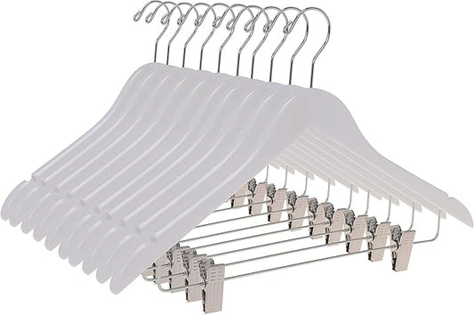 Quality Wooden Skirt Hangers with Clips, 10-Pack Smooth Solid Wood Pants Hangers with Durable Adjustable Metal Clips, Swivel Hook, Coat, Jacket, Blouse Suit Hangers (White, 10)