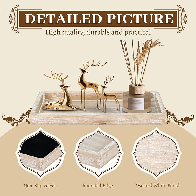 MAONAME Wash White Bathroom Vanity Tray, Rustic Long Narrow Tray, Rectangle Farmhouse Wood Trays, Countertop Organizer Trays for Candle, Perfume, 15.7" L x 6.8" W