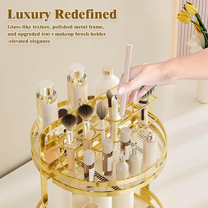 360 Rotating Makeup Organizer Vanity, Gold Perfume Organizer for Dresser, 2 Tier Bathroom Organizer Countertop, Lazy Susan Spinning Perfume Stand for Women, Skincare Storage with Brush Holder