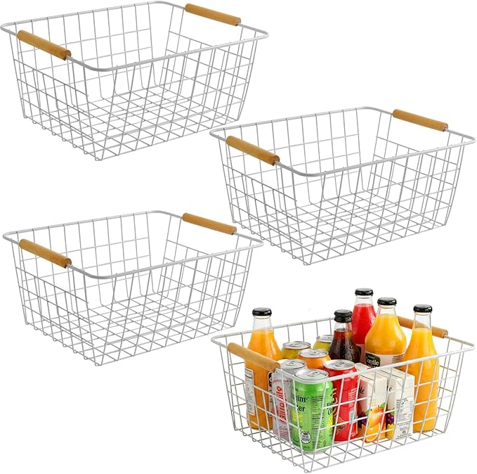 4 Pack White Metal Wire Food Storage Basket Organizer with Wooden Handles for Organizing Kitchen Cabinets Large