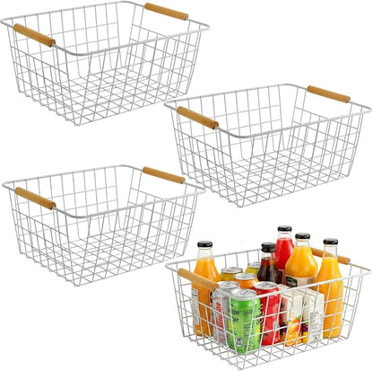 4 Pack White Metal Wire Food Storage Basket Organizer with Wooden Handles for Organizing Kitchen Cabinets Large
