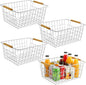 4 Pack White Metal Wire Food Storage Basket Organizer with Wooden Handles for Organizing Kitchen Cabinets Large