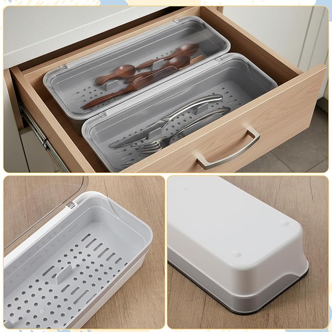 2 PCS Flatware Tray with Lid and Drainer Large capacity Kitchen Drawer Organizer Silverware Tray Dinnerware Holder Utensil Holder Utensil Storage Container for Countertop Cutlery