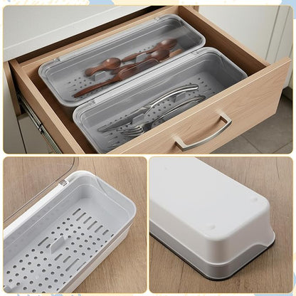 2 PCS Flatware Tray with Lid and Drainer Large capacity Kitchen Drawer Organizer Silverware Tray Dinnerware Holder Utensil Holder Utensil Storage Container for Countertop Cutlery