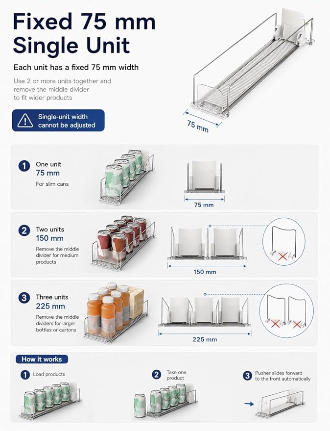 Adjustable Can Organizer for Fridge, Sliding Beverage Rack, Self-Feed Drink Storage, Front Shelf Display, Bottle and Can Holder(440 mm,5 pcs)