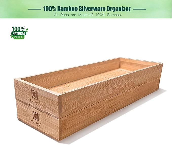 guiogc Bamboo Drawer Organizer, Utensil Organizer for Kitchen, Bamboo Storage Box Wood Silverware Tray for Drawer Set of 2