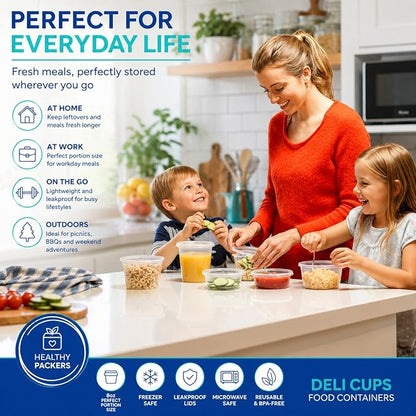 Healthy Packers Plastic Deli Containers with Lids (8oz 50 Sets) - Clear Plastic Containers with Airtight Lids - Great for Your Slime Kit, Food - BPA Free | Leakproof - Microwaveable & Freezer Safe