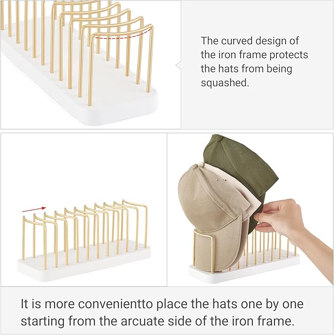 Mkono Hat Organizer for Baseball Caps, Hat Holder for 10 Baseball Caps, Tabletop Hat Rack Stand Storage Display Cap Organizer for Desk Closet Shelf Dresser White