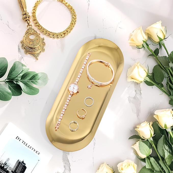 Gold Decorative Tray, 2 PCS Bathroom Vanity Tray for Dresser Counter, Elegant Jewelry Dish Tray for Decor, Gold Platter Serving Tray Organizer for Perfume Trinket Key Candle, Stainless Steel, Oval