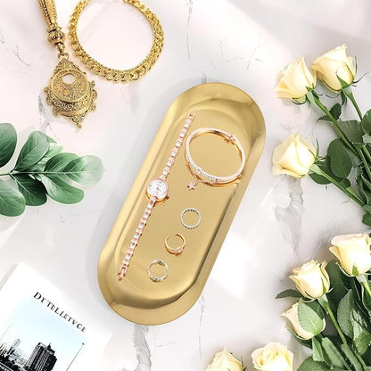 Gold Decorative Tray, 2 PCS Bathroom Vanity Tray for Dresser Counter, Elegant Jewelry Dish Tray for Decor, Gold Platter Serving Tray Organizer for Perfume Trinket Key Candle, Stainless Steel, Oval