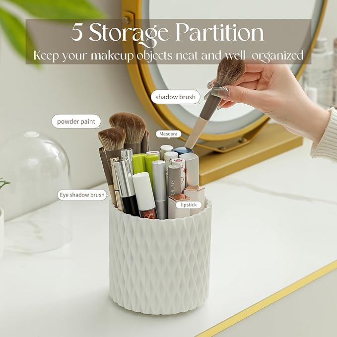 Makeup Brush Holder with Lid, 360° Rotating Dustproof 5-Slot Cosmetic Organizer for Vanity Countertop, Spinning Brush Caddy with Cover for Lipstick, Hair Brush & Art Supply, White