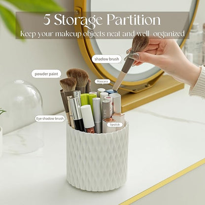 Makeup Brush Holder with Lid, 360° Rotating Dustproof 5-Slot Cosmetic Organizer for Vanity Countertop, Spinning Brush Caddy with Cover for Lipstick, Hair Brush & Art Supply, White