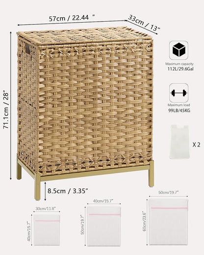 SETVSON Laundry Hamper with Lid, 112 L Handwoven Rattan Wicker Laundry Basket, 2 Removable Liner Bags Metal Heightened Feet, 6 Mesh Bags, 2 Section Large Clothes Hamper for Bathroom Bedroom, Natural
