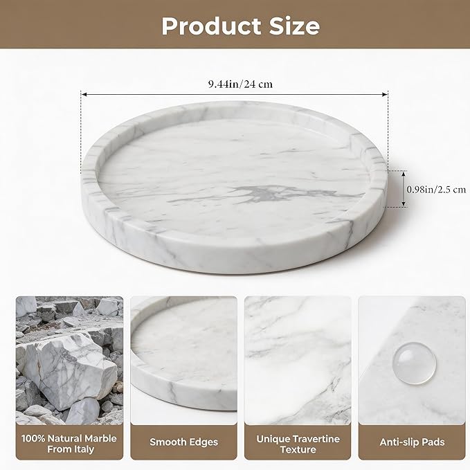 Natural Marble Decorative Tray for Bathroom Bedroom Kitchen Dresser, Round Vanity Trays for Jewelry, Perfume, Cosmetic, Candle, Countertop Storage Organizer for Home Decor Color White (TP601)