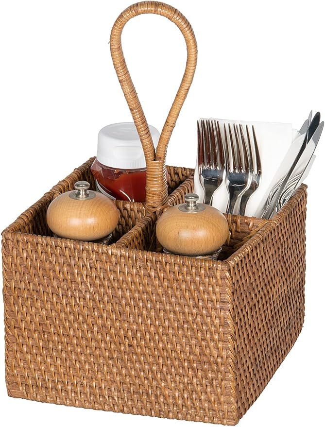 KOUBOO Laguna Rattan Bottle Caddy Storage Box for Kitchen with 4 Compartments, Home Organizer | Wicker Basket, Crate for Display, Bathroom, Farmhouse Decor, Vintage Style, Honey Brown