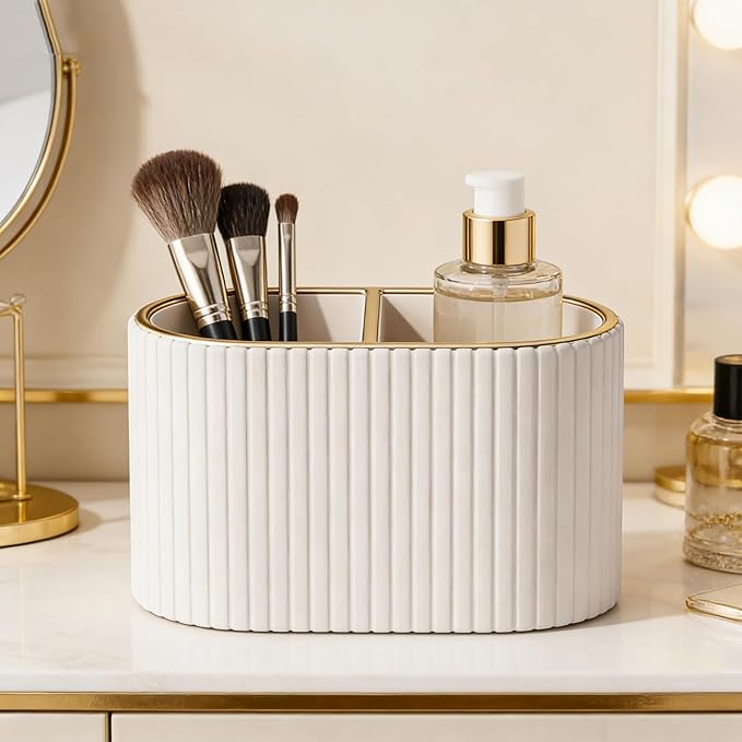 KINGFOM Makeup Brush Holder Organizer with Divider, PU Leather Vanity Brush Holder for Bathroom Countertop & Dressing Table, Cosmetic Desktop Storage Caddy for Makeup Tools Oval (Light Beige)