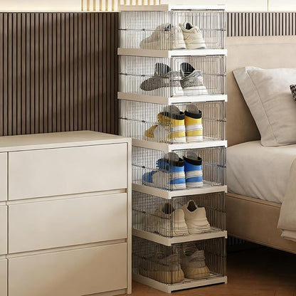 Cocoarm Clear Shoe Storage Box, Stackable Plastic Organizer, Quick Fold Design for Sneakers and Boots, Holds Size 12 for Closet or Entryway (6 Layers 10.04x13.58x41.34in)