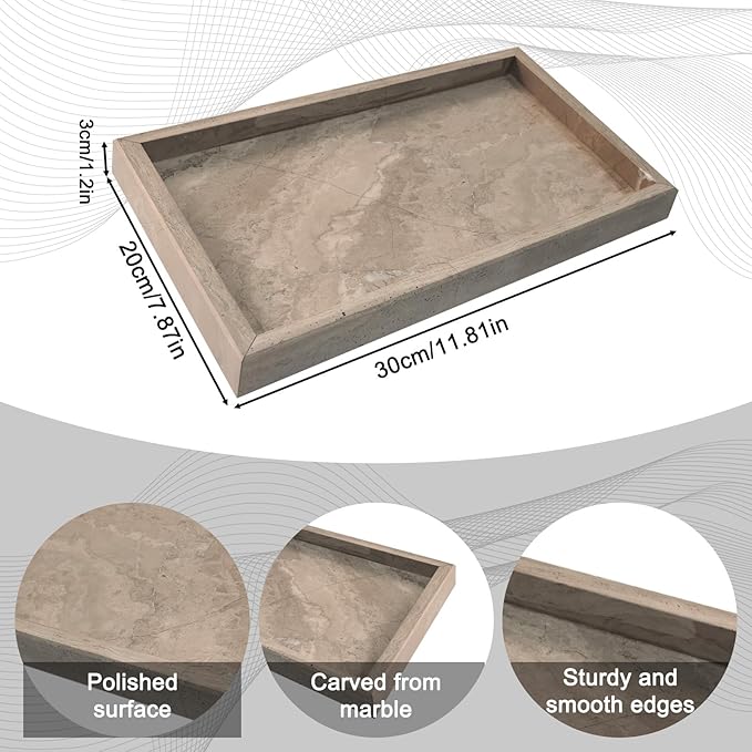 Pure Natural Marble Tray for Bathroom, Dresser, Sink. Cosmetics, toiletries, perfumes, Jewelry, Candles, etc. can be Placed (Floral Wood Grain, 12" x 8" x 1.2")