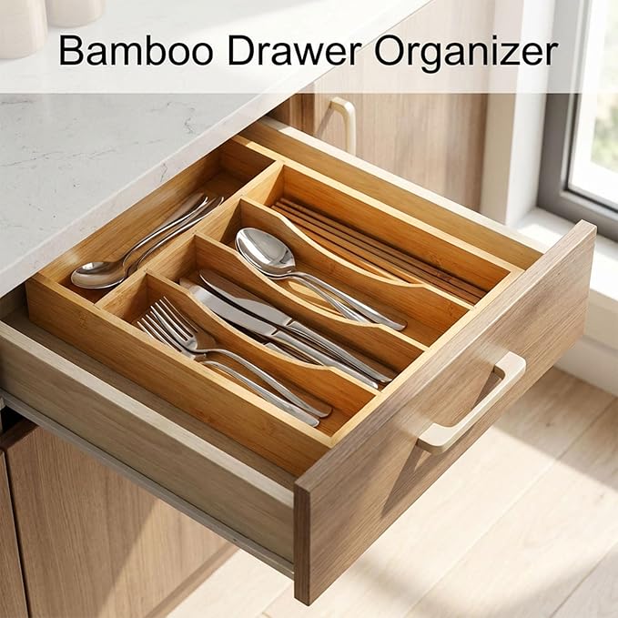 Krismax Bamboo Silverware Drawer Organizer，5 slots Wood Storage Containers, Junk Drawer Divider Organzers, Untensils Cutlery Tray, Kitchen Flatware