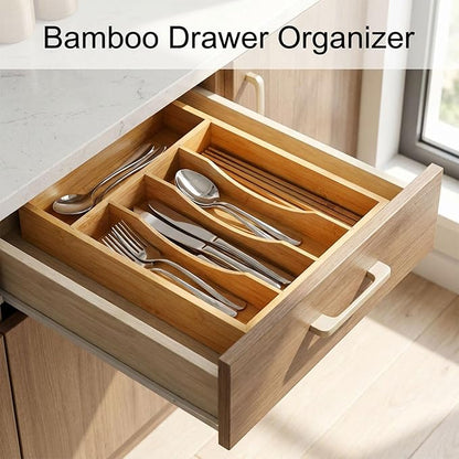 Krismax Bamboo Silverware Drawer Organizer，5 slots Wood Storage Containers, Junk Drawer Divider Organzers, Untensils Cutlery Tray, Kitchen Flatware