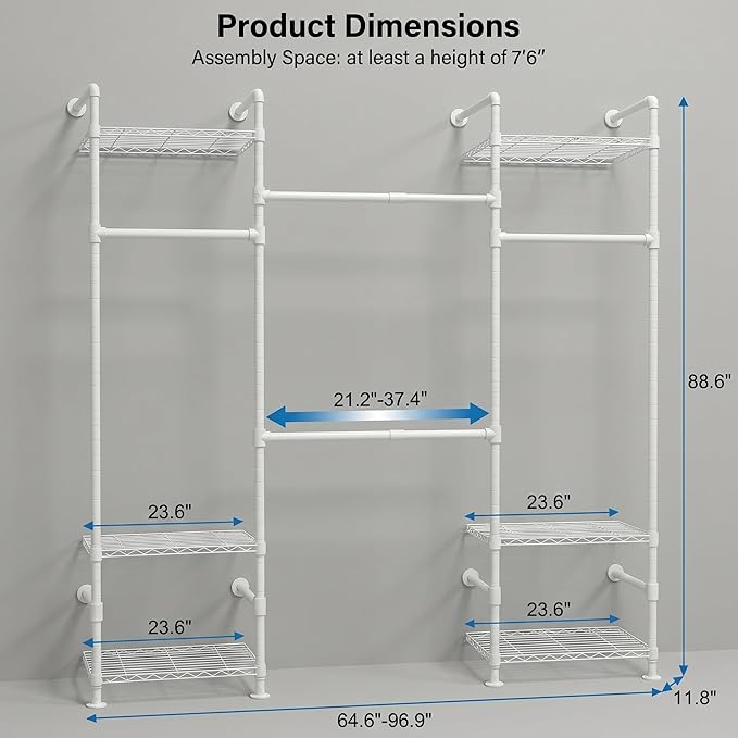 Wall Mounted Closet System – Adjustable Clothing Rack with 4 Expandable Rods & 6 Shelves, Heavy Duty Industrial Pipe Clothes Rack for Closet Organizer and Storage, White