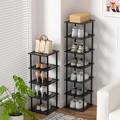 MHXW SXPN Bamboo Free Standing Shoe Rack Shelf Multi Tier Tall Wooden Stackable Shoes Rack Organizer for Closet Front Door Entrance Narrow Vertical Shoe Storage (Black, 12 Tiers)