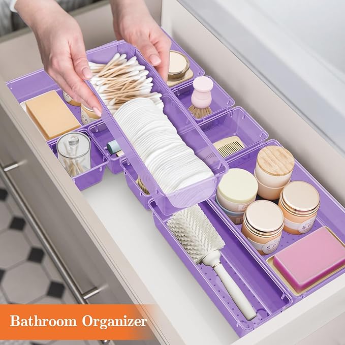 SpaceHacks 25 PCS Plastic Drawer Organizer Set, 4-Size Versatile Organizer Trays & Storage Bins for Makeup, Jewelry, and Gadgets in Bathroom, Bedroom and Office,Clear Purple