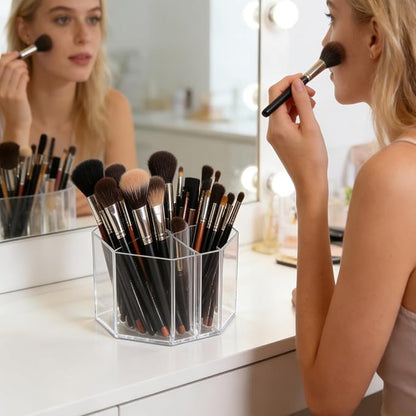 Acrylic Makeup Brush Holder, 360°Rotating Makeup Brush Organizer with 5 Grids, Clear Makeup Holder for Courtup, Bathroom Vanity Desktop Organizer (Rhombus)