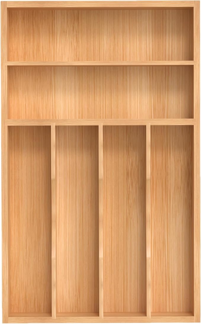 Silverware Organizer, Bamboo Kitchen Drawer Organizer, Utensil Holder, Cutlery Tray & Spoon Flatware Storage with Grooved Drawer Dividers (10''W x 16''D)