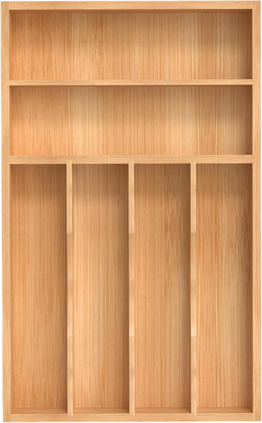 Silverware Organizer, Bamboo Kitchen Drawer Organizer, Utensil Holder, Cutlery Tray & Spoon Flatware Storage with Grooved Drawer Dividers (10''W x 16''D)