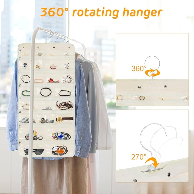 Hanging Jewelry Organizer with 50 Transparent Pockets, 360° Rotating Hanger & Secure Zipper Closure - Foldable Double Sided Jewelry Storage Bag for Earrings, Rings, Necklaces, Bracelets (Beige)