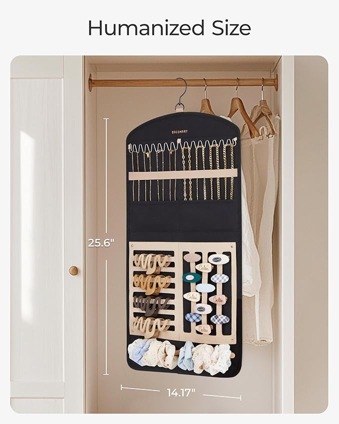 BAGSMART Hanging Jewelry Organizer Claw Clip Necklace Holder Roll for Hair Ties, Headbands, Clips, Earrings, Necklaces, Glasses Double-Sided on Closet, Wall, Door, 1 piece, Large-Black